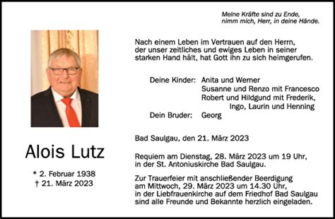 Traueranzeigen Von Alois Lutz Schwaebische De Trauerportal