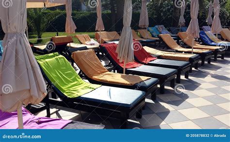 Colorful Towels On The Sun Loungers Stock Photo Image Of