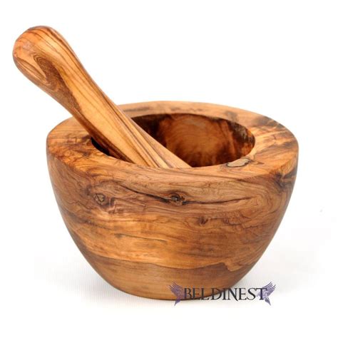 Wooden Pestle and Mortar Made from Olive Wood at BeldiNest – Flat