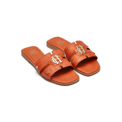 Holland Cooper Monogram Croc Slides in Orange Croc