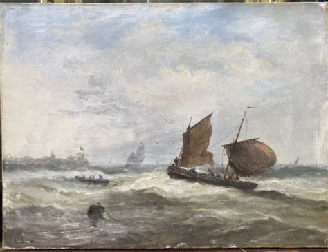 Tableau Ancien Huile Sc Ne Mer Agit E Marine Vagues Bateaux Xixe E