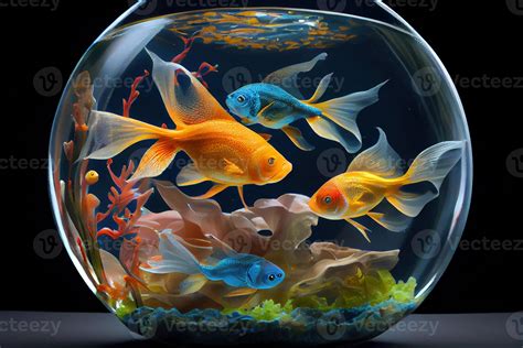 Colorful Fish Swimming In Fishbowl Beautiful Fish In Round Glass