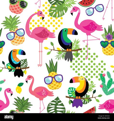 Seamless Tileable Tropical Vector Pattern With Flamingos Toucans