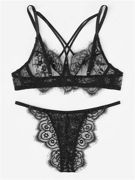 Criss Cross Eyelash Lace Lingerie Set Sheinsheinside Cute Lingerie Lace Lingerie Set