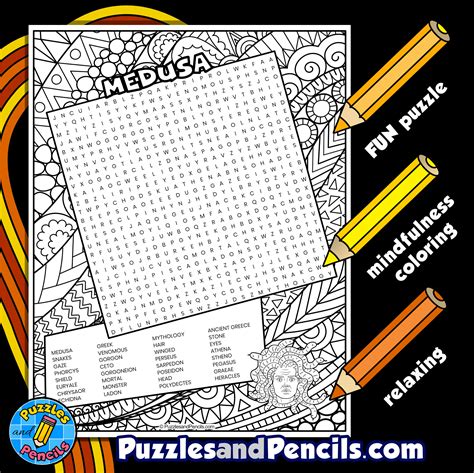 Medusa Word Search Puzzle With Coloring Greek Mythology Wordsearch