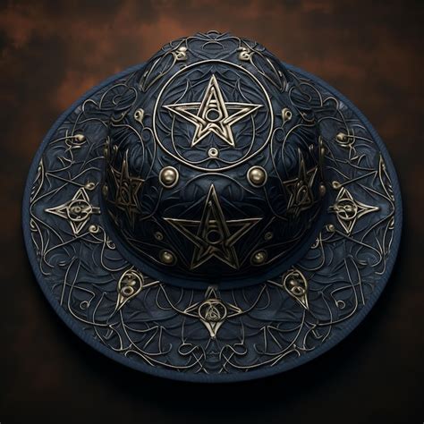 Hermoso sombrero de bruja azul acuarela con decoración de pentagrama