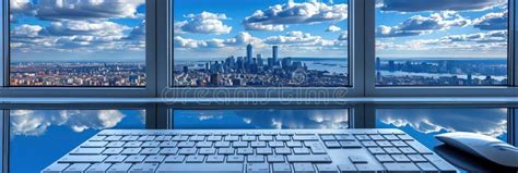 A Keyboard Is In Front Of A Window With A City Skyline View Stock Photo