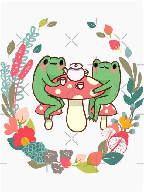 Frogs Drinking Tea Mushroom Cute Cottagecore Aesthetic Frog Sticker By Girouxlouise Redbubble