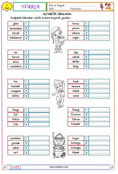 2 Sınıf Türkçe Alfabetik Sıralama Etkinliği Meb Ders