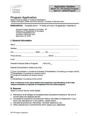 Fillable Online Uwstout Program Application Uwstout Fax Email Print