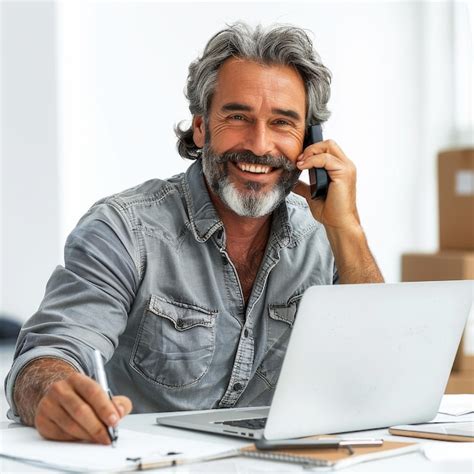 Premium Photo Man Talking On Cell Phone At Desk