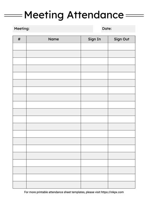 Free Printable Simple Black And White Meeting Attendance Sheet Template