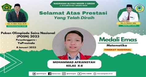 RAIH MEDALI EMAS MOHAMMAD AFRIANSYAH MEMBANGGAKAN MAN 2 GRESIK MAN 2