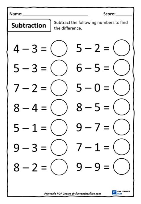 One Digit Subtraction Worksheets Set 1 Fun Teacher Files