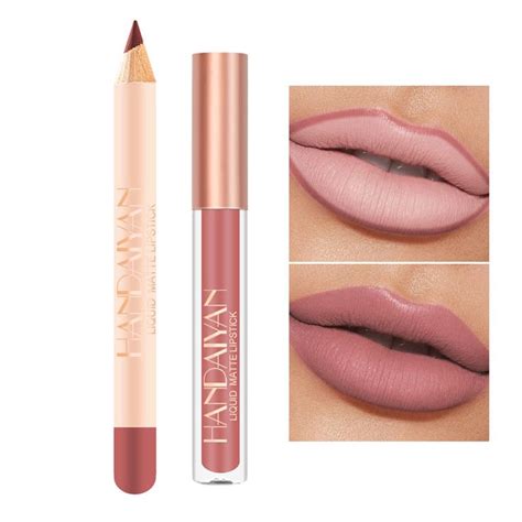 2pcs Matte Nude Lip Liner And Lipstick Makeup Set Liquid Lipstick 24H