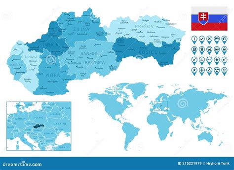 Slovakia Detailed Administrative Blue Map With Country Flag And