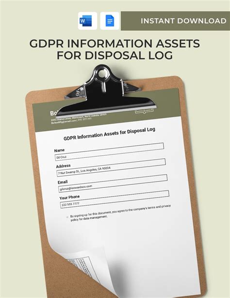 GDPR Information Assets For Disposal Log Template In Word Google Docs