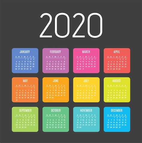 Calendario Para 2020 Años La Semana Comienza Desde El Domingo