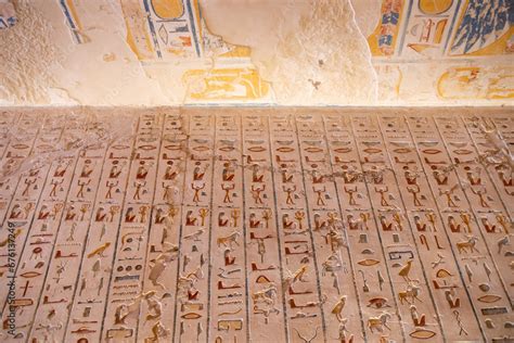 colorful hieroglyphs in ancient egyptian tomb in the valley of the kings in luxor, egypt Stock ...