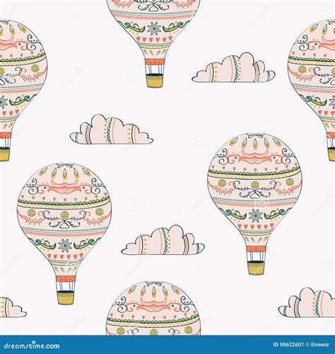 Vector Seamless Pattern With Hot Air Balloon And Clouds Stock Vector Illustration Of Ferry