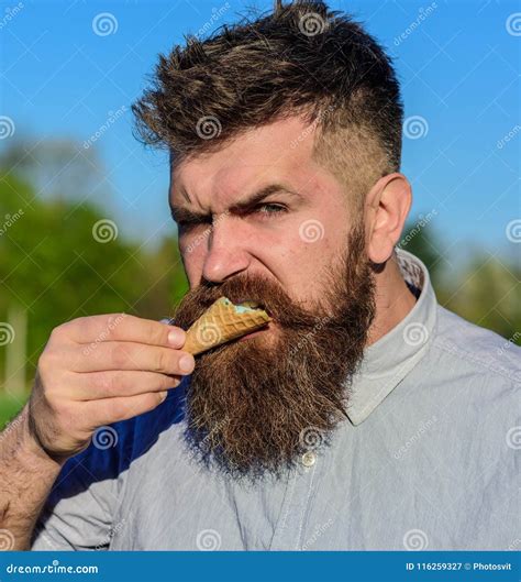 Sweet Tooth Concept Bearded Man With Ice Cream Cone Stock Image