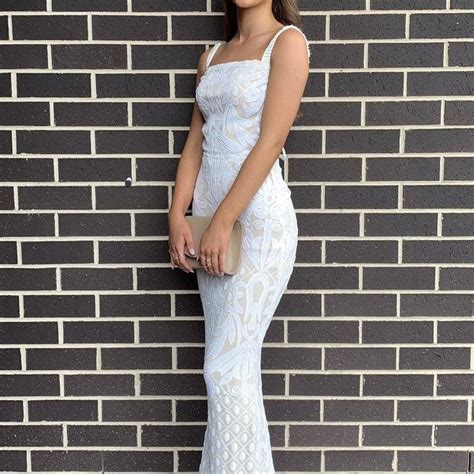Formal Dress White With Nude Mesh And Sequin Depop