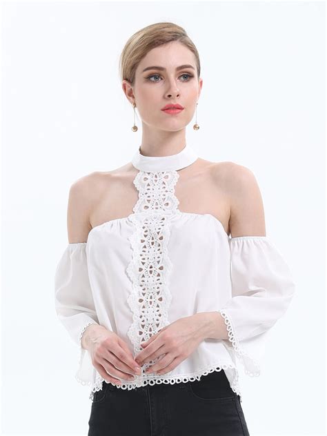 Halter Off Shoulder Lace Blouse Shirt Women Chiffon Blouse Fashion