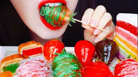 Asmr Rainbow Cake And Fresh Juicy Strawberries Eating Mukbang Jane