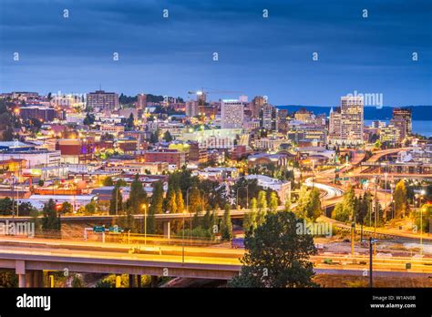 Tacoma Washington Usa Skyline At Night Stock Photo Alamy