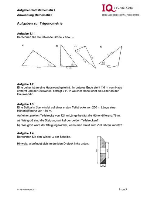 Aufgaben Zur Trigonometrie 1 Maschinen Technik