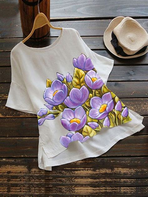 Lilicloth Floral 1 White Women Tops Casual Cotton Blend Holiday Tops