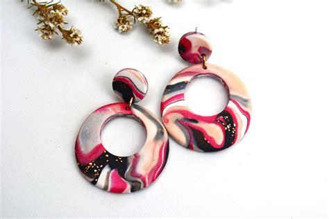 Polymer Clay Earrings Hoop Earrings Round Statment Dangles Pink Swirls Long Marbled Hoops