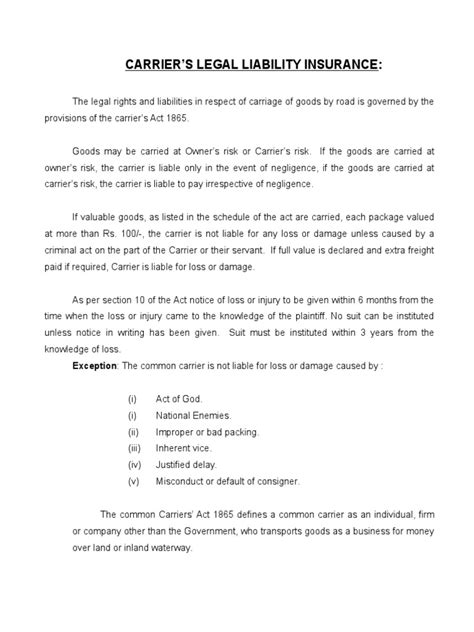 Carrier's Legal Liability Write Up | PDF | Liability Insurance | Common ...