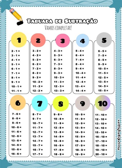 Tabuada de subtração do 1 ao 10 completa para imprimir verloop io