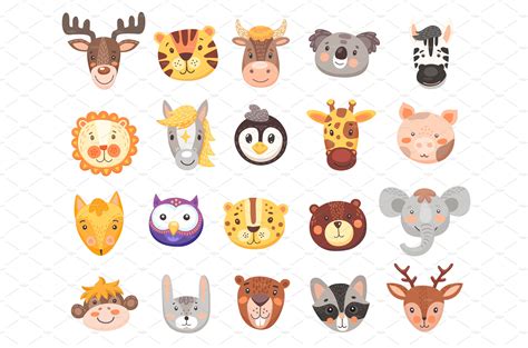 Cute cartoon animal faces | Animal Illustrations ~ Creative Market