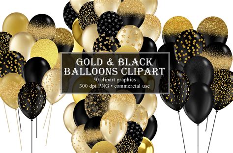 Globos Negros Y Dorados Clipart Glitter Balloon Png Digital Etsy Espa A