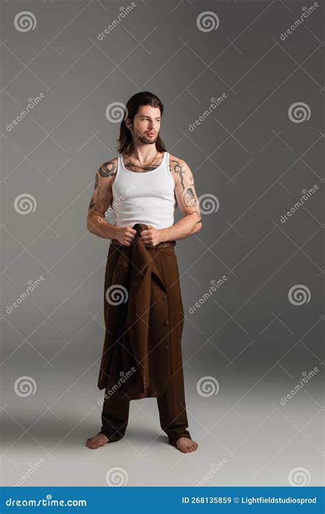 Full Length Of Barefoot And Tattooed Stock Image Image Of Brunette