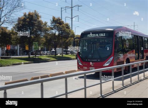 Bogota Colombia A Transmilenio Bus In Movement Transitin Over North