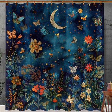 Boho Butterfly And Moon Shower Curtain Vibrant Night Sky Design With