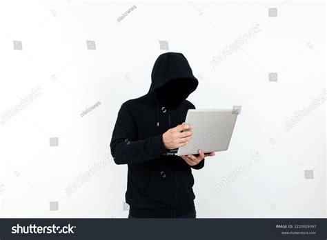 Man Standing Laptop Presenting Cyber Security Stock Photo 2220929397