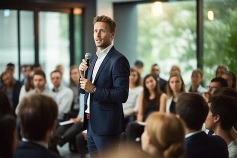 Premium Photo A Man In A Suit Is Speaking Into A Microphone
