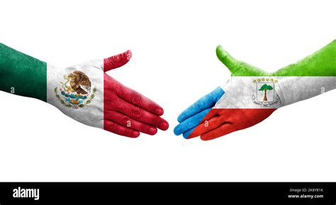 Handshake Between Equatorial Guinea And Mexico Flags Painted On Hands