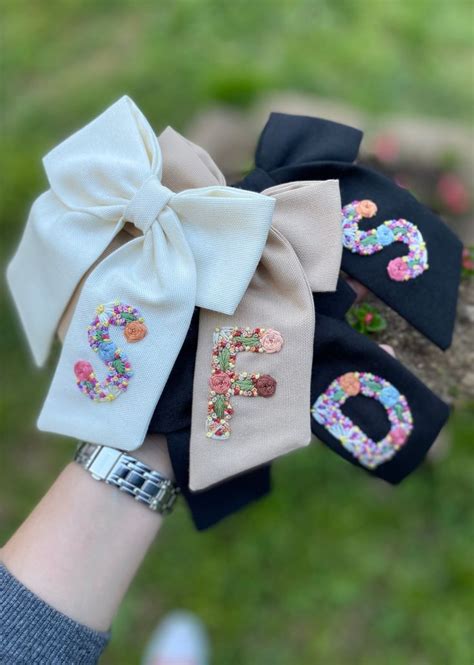 Initial Hand Embroidered Hair Bow Personalized Bow Custom Hair Bows