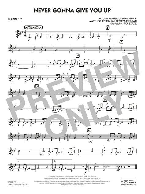 Never Gonna Give You Up Arr Rick Stitzel Bb Clarinet 2 Sheet Music