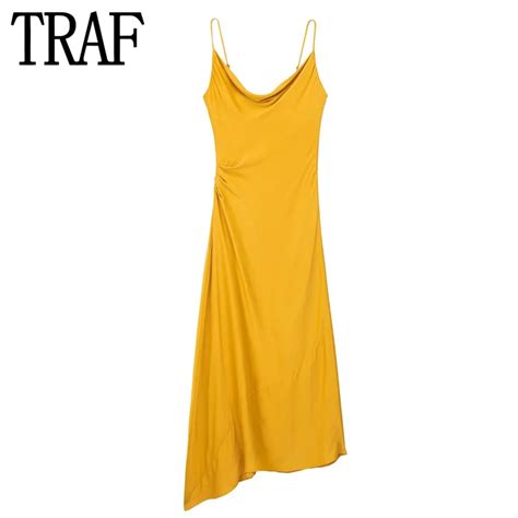 Traf Yellow Slip Long Dress Women Asymmetric Midi Dresses Backless