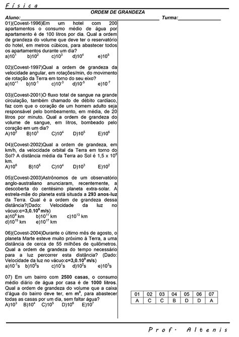 Universos da Física Ordem de Grandeza Lista de Exercícios