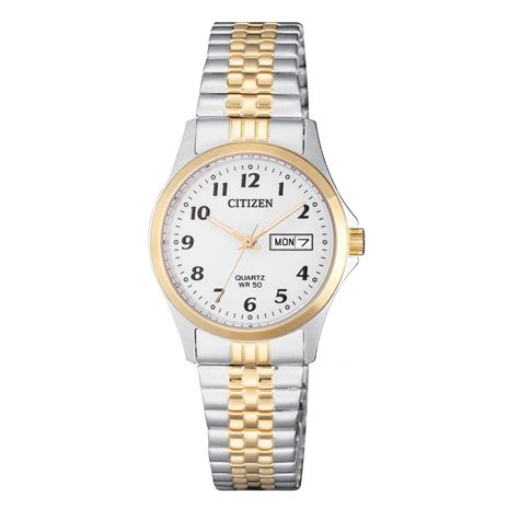 Citizen Womens 2 Tone Gold And Stainless Steel Watch With Expanding Bracelet And Day And Date