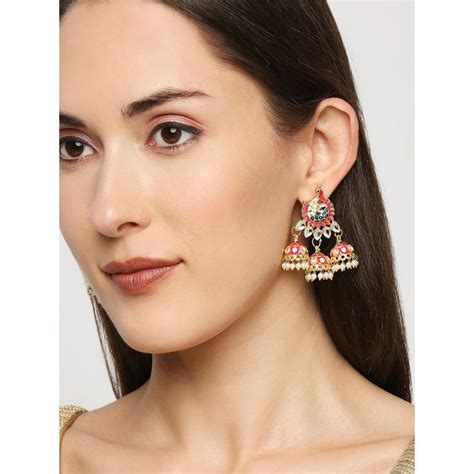 OOMPH Pink Meenakari Peacock Design Large Jhumka Earrings Buy OOMPH