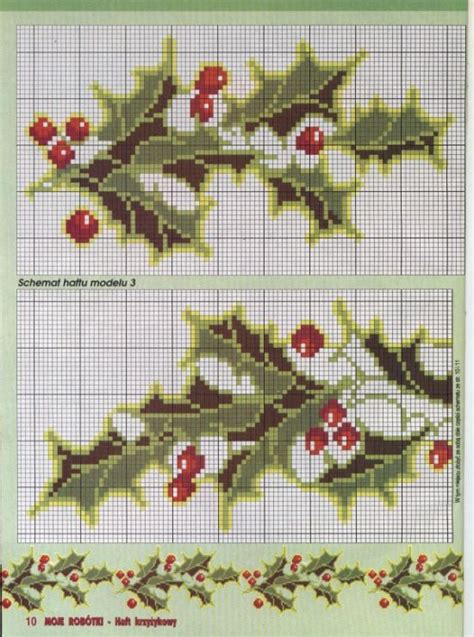 Two Cross Stitch Patterns With Red Berries And Green Leaves On The Same