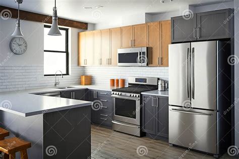 A Minimalist Kitchen With Stainless Steel Appliances And Countertops Generative Ai Stock